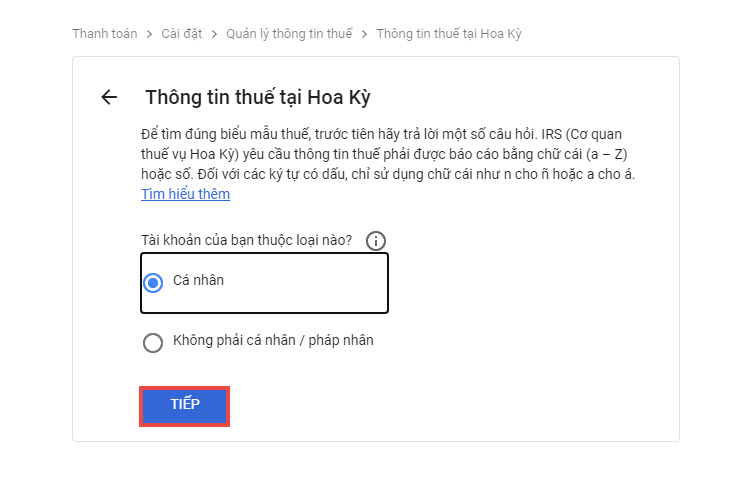 Chọn biểu mẫu cho cá nhân để nhập thông tin thuế thu nhập trên YouTube